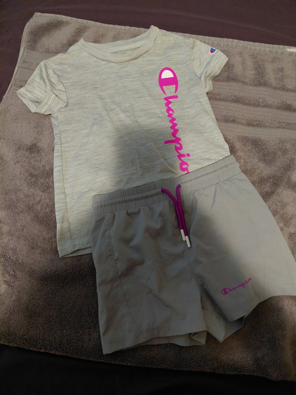 Champion Light Gray Kids Tee & Shorts Set with Hot Pink Logo